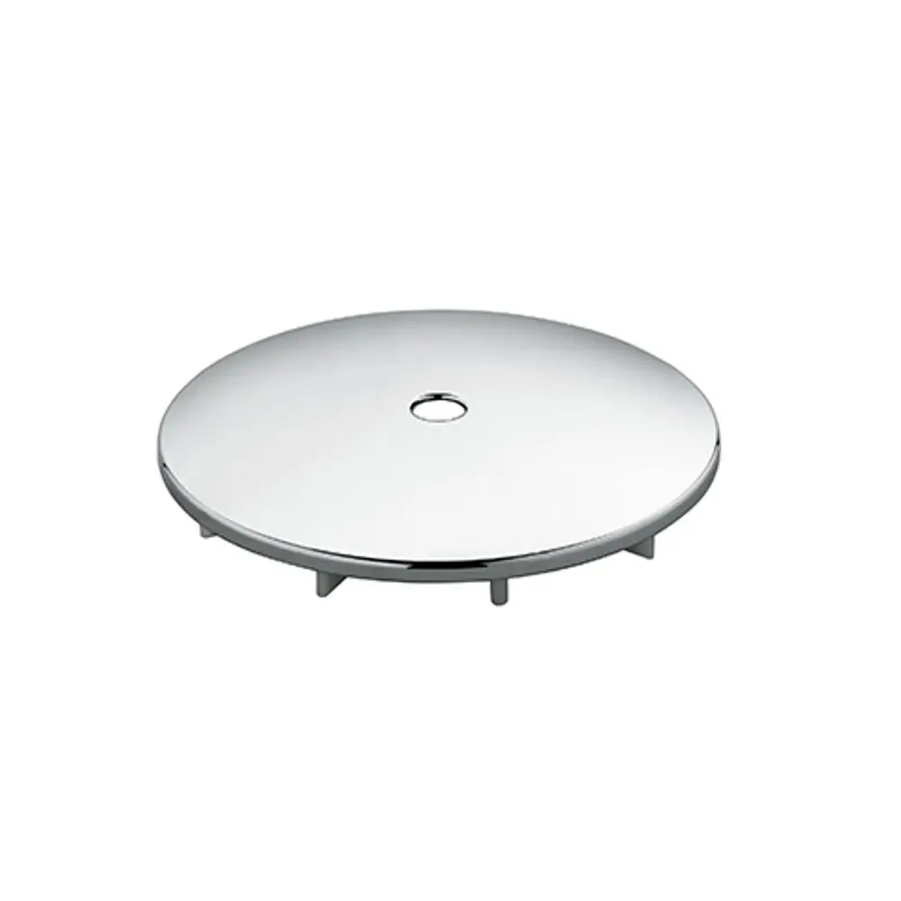 Runder, glänzender Deckel aus Metall mit zentralem Loch und kurzen Füßen. Ein Produkt von Kludi, geeignet für Ablaufsysteme.